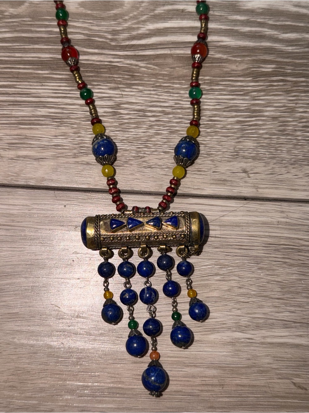 Afghan Lapis and Brass Fringe Pendant Necklace (cheaper on my depop!!mamobingus)